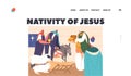 Nativity Of Jesus Landing Page. Three Wise Men Honor Newborn Messiah With Gifts. Balthazar, Caspar And Melchior