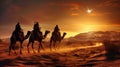 Nativity of Jesus Scene. Shining Bethlehem star and silhouette of three wise men on camels in desert. Bright bethlehem star. Royalty Free Stock Photo