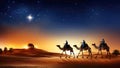 Nativity of Jesus Scene. Shining Bethlehem star and silhouette of three wise men on camels in desert. Bright bethlehem star. Royalty Free Stock Photo
