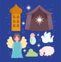 Nativity, manger baby jesus angel sheep dove and star cartoon