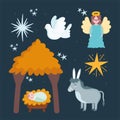 Nativity, manger baby jesus hut donkey angel and star cartoon Royalty Free Stock Photo