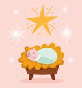 Nativity, manger cute baby jesus in crib and star cartoon