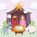 Nativity, manger cute holy family and animals in hut cartoon