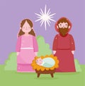 Nativity, manger cute holy mary baby jesus and joseph cartoon