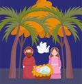 Nativity, manger cute mary joseph baby and dove cartoon