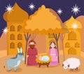 Nativity, manger cute mary joseph baby jesus and animals cartoon scene Royalty Free Stock Photo