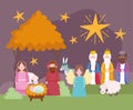 Nativity, manger cute mary joseph baby jesus three kings donkey and lambs cartoon Royalty Free Stock Photo