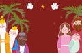 Nativity, manger cute mary jospeh wise kings and doves cartoon