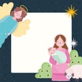 Nativity, manger mary with baby and angel with sheep card cartoon