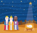 Nativity, manger three wise kings and baby jesus with star cartoon