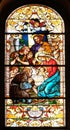 Nativity Scene, Adoration of the Shepherds, stained glass window in the Saint John the Baptist church in Zagreb Royalty Free Stock Photo