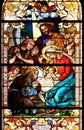 Nativity Scene, Adoration of the Shepherds, stained glass window in the St John the Baptist church in Zagreb, Croatia