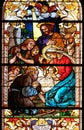 Nativity Scene, Adoration of the Shepherds, stained glass window in the St John the Baptist church in Zagreb, Croatia Royalty Free Stock Photo