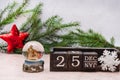 Nativity scene about the Birth of Jesus Christ in a glass ball. Calendar cubes and spruce branches on a gray background. Christmas Royalty Free Stock Photo