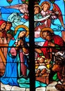 Nativity Scene, Birth of Jesus, stained glass windows in the Saint Eugene - Saint Cecilia Church, Paris Royalty Free Stock Photo
