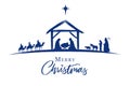 Nativity scene blue silhouette Jesus in manger, shepherd and wise men
