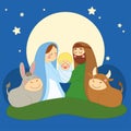 Nativity scene cartoon in the night Child Jesus Joseph and Mary Vector Royalty Free Stock Photo