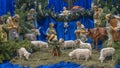 Christmas nativity scene with baby Jesus, Mary and Joseph in the manger with sheeps. Christmas event Royalty Free Stock Photo