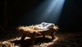 Nativity scene with an empty manger in a rustic stable. A divine beam of light illuminates the straw-filled crib representing the Royalty Free Stock Photo