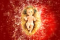 Nativity scene figurine of baby jesus with red background Royalty Free Stock Photo