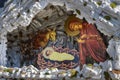 Nativity scene in the front from the church, creche, or crib, is a depiction of the birth of Jesus Royalty Free Stock Photo