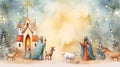 The Nativity scene of Jesus, Mary, and Joseph. Illustration.