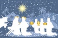 Nativity scene of Jesus under the snow with the magi offering the gifts Royalty Free Stock Photo