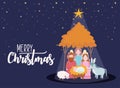 Nativity, scene sacred family in hut with star night manger cartoon