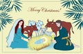 Nativity scene with saint family and animals. Cartoon vector Royalty Free Stock Photo