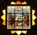 Nativity scene, stained glass, Church of St. Catherine, Bethlehem Royalty Free Stock Photo