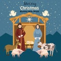 Nativity scene. Vector set of cute people, animals. Holiday background with Maria and Joseph Baby Jesus is born, vector