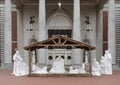 Nativity scene with white sculptures in front of the Park Cities Baptist Church in Dallas, Texas.