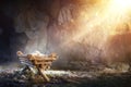 Nativity - Waiting Birth Of Jesus Christ With Manger In Cave With Holy Light Royalty Free Stock Photo