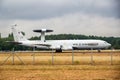 NATO Boeing E-3 Sentry AWACS radar plane on the runway of NATO Geilenkirchen airbase. Germany - July 2, 2017 Royalty Free Stock Photo