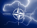 NATO flag pattern with lightning, war-storm concept