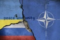 Nato flag, ukranian flag with bullet holes, and the russian flag. Peace and unity text.