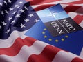 NATO symbol on the background of the American flag and the flag of the European Union. Commonwealth. North Atlantic Alliance.