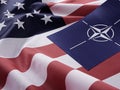 NATO symbol on the background of the American flag. Organization of the North Atlantic Treaty.