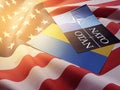 NATO symbol on the background of the American flag and the flag of Ukraine. Commonwealth.
