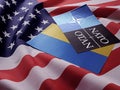 NATO symbol on the background of the American flag and the flag of Ukraine. Commonwealth. conflict.