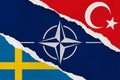 NATO, Turkey and Sweden flag ripped paper grunge background. Abstract NATO membership, politics conflicts, war concept texture