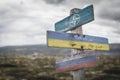 nato, ukraine and russia flag on signpost outdoors