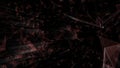 Camera flight through world of particles forming glimming plexus nodes over black background.