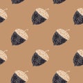 Natue ornic seamless pattern with forest acorn shapes. Grey colored ornament on beige background