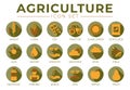 Natural Agriculture Round Icon Set of Wheat, Corn, Soy, Tractor, Sunflower, Fertilizer, Sun, Water, Growth, Weather, Rain, Fields Royalty Free Stock Photo