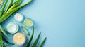 Natural aloe skincare flat lay, glass containers with gel and creams, surrounded by aloe vera leaves. Blue background