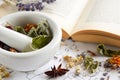 Natural apothecary with herbs and book Royalty Free Stock Photo