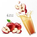 Natural apple juice in a glass, juicy splash and drops, set of real fresh red apples, slices and halves, 3d realistic vector