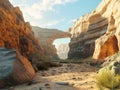 canyon landscape, natural arch, rock formations, sunlight, shadows, desert scenery Royalty Free Stock Photo