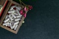 Natural Aurvedic medicines - Close up view of herbal medicine capsules in wooden old box with wild pink flower bud on dark